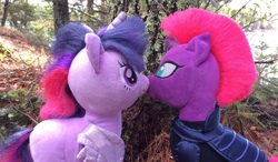 Size: 3264x1904 | Tagged: safe, artist:ejlightning007arts, tempest shadow, twilight sparkle, alicorn, pony, unicorn, g4, armor, build-a-bear, duo, female, irl, kissing, lesbian, photo, photography, plushie, ship:tempestlight, shipping, tree, twilight sparkle (alicorn)