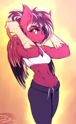 Size: 1573x2578 | Tagged: safe, artist:drizziedoodles, oc, oc only, oc:oxide, hippogriff, anthro, abs, abstract background, belly button, biceps, breasts, cleavage, clothes, female, hair tie, midriff, muscles, muscular female, pants, ponytail, solo, sports bra, talons, wings, yoga pants