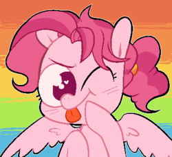 Size: 374x342 | Tagged: safe, artist:pinkiespresent, bifröst, pegasus, pony, g4, :p, background pony, bust, cute, female, friendship student, heart eyes, mare, no pupils, one eye closed, ponytail, portrait, rainbow background, solo, tongue out, wingding eyes, wink