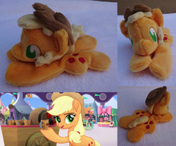 Size: 2382x1973 | Tagged: safe, artist:plushbyanto, applejack, earth pony, pony, g4, my little pony: the movie, accessory, apple cider, applejack's hat, background pony, beanie (plushie), canterlot, cart, chibi, cowboy hat, cute, female, friendship festival, hat, irl, lidded eyes, lying down, mare, market, minky, mug, no mouth, no nose, no pupils, photo, plushie, prone, smiling, solo, sploot, toy, unnamed character, unnamed pony