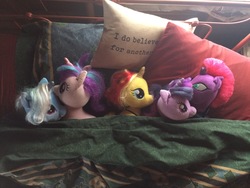 Size: 3264x2448 | Tagged: safe, artist:ejlightning007arts, starlight glimmer, sunset shimmer, tempest shadow, trixie, twilight sparkle, alicorn, pony, unicorn, g4, blanket, build-a-bear, counterparts, cuddling, cute, female, high res, irl, lesbian, multiple characters, photo, photography, pillow, plushie, ship:startrix, ship:sunsetsparkle, ship:tempestlight, shipping, snuggling, tempestlightshimmer, twilight sparkle (alicorn), twilight's counterparts
