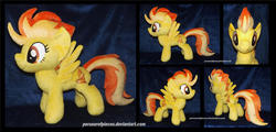 Size: 1600x770 | Tagged: safe, artist:peruserofpieces, spitfire, pegasus, pony, g4, female, front view, irl, mare, photo, plushie, profile, rear view, smiling, solo, toy, wings