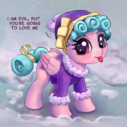 Size: 2500x2500 | Tagged: safe, artist:xbi, cozy glow, pegasus, pony, frenemies (episode), g4, season 9, :p, blushing, bow, bronybait, clothes, cozybetes, cute, dialogue, evil, female, filly, hat, high res, looking at you, pure concentrated unfiltered evil of the utmost potency, pure unfiltered evil, smiling, snow, snowfall, solo, sweater, tail bow, talking to viewer, tongue out, truth, wing fluff, winter, winter outfit, yandere, yandereglow, you're going to love me