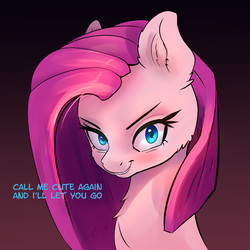 Size: 2795x2795 | Tagged: safe, artist:xbi, pinkie pie, earth pony, pony, g4, adorabolical, anti-bronybait, bronybait, bust, cute, cuteamena, dialogue, evil smile, gradient background, grin, high res, implied cupcakes, looking at you, pinkamena diane pie, smiling, tempting fate