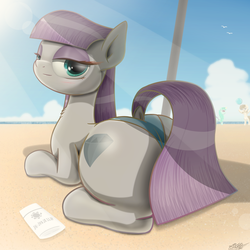 Size: 1900x1900 | Tagged: safe, artist:phoenixrk49, maud pie, earth pony, pony, g4, blushing, boulder buns, butt, clothes, dock, female, lidded eyes, looking at you, looking back, looking back at you, mare, plot, prone, smiling, solo, sunscreen, swimsuit, when she smiles, wrong cutie mark
