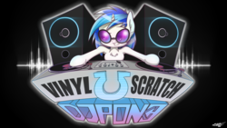 Size: 1920x1080 | Tagged: safe, artist:phoenixrk49, dj pon-3, vinyl scratch, pony, unicorn, g4, black background, chest fluff, dj booth, female, horseshoes, signature, simple background, smiling, solo, turntable