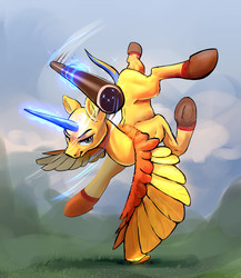 Size: 2787x3209 | Tagged: safe, artist:xbi, alicorn, pony, aang, action pose, avatar the last airbender, bald, high res, male, ponified, shaved mane, shaved tail, solo, staff, stallion
