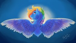Size: 2560x1440 | Tagged: safe, artist:lazyeva, rainbow dash, pony, g4, female, grin, looking back, rear view, signature, smiling, solo, spread wings, wings