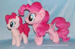 Size: 1280x832 | Tagged: safe, artist:peruserofpieces, pinkie pie, earth pony, pony, g4, comparison, duo, female, irl, mare, missing cutie mark, photo, plush this again, plushie, profile, self ponidox, then and now, toy