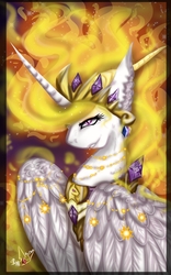 Size: 650x1040 | Tagged: safe, artist:martazap3, nightmare star, pony, g4, bust, fire, folded wings, jewelry, mane of fire, portrait, regalia, signature, solo, wings