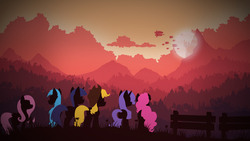 Size: 1920x1080 | Tagged: safe, artist:simonk0, applejack, fluttershy, pinkie pie, rainbow dash, rarity, twilight sparkle, alicorn, earth pony, pegasus, pony, unicorn, g4, airship, canterlot, mane six, silhouette, song cover, twilight sparkle (alicorn)