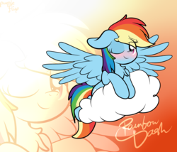 Size: 3500x3000 | Tagged: dead source, safe, artist:php142, rainbow dash, pegasus, pony, g4, blushing, cloud, cute, female, gradient background, high res, looking at you, lying, lying on a cloud, one eye closed, smug, solo, spread wings, text, wings, wink, zoom layer