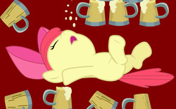 Size: 640x400 | Tagged: artist needed, safe, apple bloom, earth pony, pony, g4, adorabloom, alcohol, apple cider, cider, cute, drunk, drunk bubbles, drunk filly, female, filly, on back, passed out, red background, simple background, solo, underaged drinking