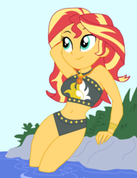 Size: 2452x3188 | Tagged: safe, artist:eli-j-brony, sunset shimmer, equestria girls, g4, my little pony equestria girls: better together, arm behind head, armpits, bare shoulders, beautiful, belly button, bikini, clothes, cute, female, geode of empathy, high res, magical geodes, midriff, rock, shimmerbetes, solo, summer sunset, swimsuit, water