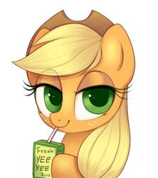 Size: 990x1117 | Tagged: safe, artist:confetticakez, applejack, earth pony, pony, applejack's hat, bedroom eyes, bust, cowboy hat, cute, drink, drinking, eye clipping through hair, female, hat, hoof hold, jackabetes, juice, juice box, lidded eyes, looking at you, mare, portrait, simple background, smiling, solo, straw, white background, yee yee