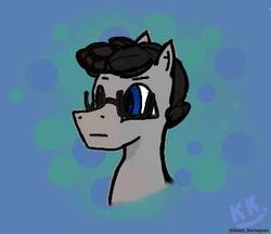 Size: 370x320 | Tagged: safe, artist:tuc-kaan, oc, oc only, oc:tuckerarterson, changeling, black hair, blue eyes, bubble, changeling oc, digital art, disguise, disguised changeling, glasses, grey fur, instagram, signature, solo