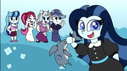 Size: 1996x1125 | Tagged: safe, artist:carouselunique, sonata dusk, oc, oc:dolly dusk, oc:melody charm, oc:silent hill, oc:throw away, shark, comic:aria's archives, equestria girls, g4, belly button, clothes, dress, half-siblings, jack the ripper, midriff, offspring, parent:chancellor neighsay, parent:sonata dusk, parents:neighsaynota, plushie, see-through, see-through shirt, shark plushie, skirt, tube top