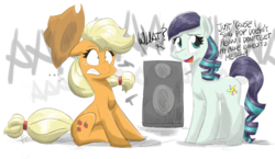 Size: 1920x1113 | Tagged: safe, artist:flutterthrash, applejack, coloratura, earth pony, pony, g4, dialogue, female, metal, music, smiling, speaker, this will end in deafness