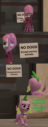 Size: 1644x4320 | Tagged: safe, artist:papadragon69, spike, spike the regular dog, sunny flare, dog, equestria girls, g4, 3d, abuse, old master q, parody, sign, source filmmaker, spike the regular dog is not amused, spikeabuse, unamused
