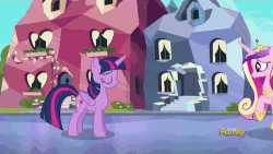 Size: 500x281 | Tagged: safe, screencap, garble, princess cadance, smolder, twilight sparkle, alicorn, dragon, pony, g4, sweet and smoky, the times they are a changeling, animated, blanket, brother and sister, comparison, dancing, discovery family logo, female, gif, hug, male, siblings, sisters-in-law, slowpoke, sunshine sunshine, twilight sparkle (alicorn)