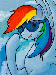 Size: 449x600 | Tagged: safe, artist:aokibengal, rainbow dash, pony, g4, cloud, female, goggles, solo