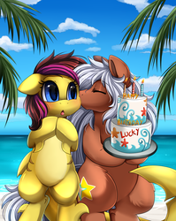 Size: 2855x3587 | Tagged: safe, artist:pridark, oc, oc only, oc:lucky radiance, unnamed oc, earth pony, original species, pony, shark pony, beach, birthday cake, blushing, cake, candle, commission, dessert, fire, food, high res, kissing, ocean, open mouth, plate, sand