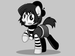 Size: 1200x900 | Tagged: safe, artist:nxzc88, oc, oc only, oc:isabelle incraft, oc:izzy, earth pony, pony, beret, blush sticker, blushing, commission, female, gray background, grayscale, hat, looking at you, mare, mime, monochrome, open mouth, open smile, raised hoof, show accurate, simple background, smiling, solo, striped shirt, vector