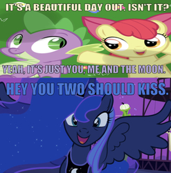 Size: 666x674 | Tagged: safe, edit, edited screencap, editor:undeadponysoldier, screencap, apple bloom, princess luna, spike, alicorn, dragon, pony, g4, luna eclipsed, asdfmovie, asdfmovie5, caption, comic, cute, eclipse, female, filly, flower, funny, funny as hell, happy, image macro, implied kissing, luna the shipper, male, mare, nightmare night, open mouth, reference, screencap comic, ship:spikebloom, shipper on deck, shipping, solar eclipse, spread wings, straight, text, wings, wrong aspect ratio