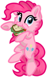 Size: 555x908 | Tagged: safe, artist:rainbow eevee, pinkie pie, earth pony, pony, g4, cheek fluff, cute, diapinkes, female, food, looking at you, mouth hold, ponies eating meat, sandwich, simple background, solo, transparent background, underhoof