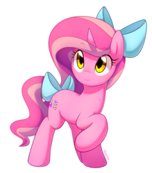 Size: 2294x2617 | Tagged: safe, artist:maren, oc, oc only, oc:candy heart, pony, unicorn, bow, female, hair bow, high res, mare, raised hoof, signature, simple background, smiling, solo, standing, tail bow, white background