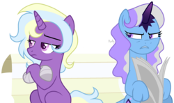 Size: 1280x760 | Tagged: safe, artist:mintoria, oc, oc only, oc:charmful glimmer, oc:majesty, pony, unicorn, base used, female, magical lesbian spawn, mare, newspaper, offspring, parent:rarity, parent:starlight glimmer, parent:trixie, parent:twilight sparkle, parents:rarilight, parents:startrix