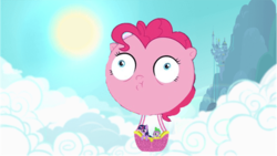 Size: 500x281 | Tagged: safe, edit, edited screencap, screencap, pinkie pie, spike, twilight sparkle, g4, balloon, faic, hot air balloon, inflatable, inflated head, intro, pinkie being pinkie, theme song