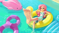 Size: 3840x2160 | Tagged: safe, artist:louislithium, fluttershy, equestria girls, equestria girls series, g4, i'm on a yacht, spoiler:eqg series (season 2), armpits, barefoot, feet, female, fetish, floaty, flutterfeet, foot fetish, foot focus, high res, inflatable, inflatable toy, inner tube, pool toy, scene interpretation, sexy, soles, solo, toes, wiggling toes