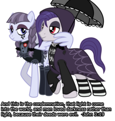 Size: 1496x1578 | Tagged: safe, artist:lightningbolt, edit, funnel web, inky rose, g4, bible verse, clothes, female, goth, male, mouthpiece, out of context, religion, show accurate, simple background, straight, text