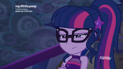 Size: 1920x1080 | Tagged: safe, screencap, sci-twi, twilight sparkle, equestria girls, equestria girls series, g4, spring breakdown, spoiler:eqg series (season 2), clothes, cloud, dark clouds, discovery family logo, dress, glasses, narrowed eyes, ponytail, sci-twi is not amused, ship, sleeveless, stars, unamused