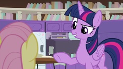 Size: 1920x1080 | Tagged: safe, screencap, fluttershy, twilight sparkle, alicorn, pony, g4, sweet and smoky, bookshelf, female, folded wings, mare, pointing, raised eyebrow, raised hoof, smiling, twilight sparkle (alicorn), wings