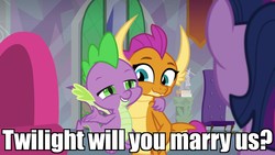 Size: 1920x1080 | Tagged: safe, edit, edited screencap, screencap, smolder, spike, twilight sparkle, alicorn, dragon, pony, g4, sweet and smoky, caption, cute, dragoness, duo focus, female, friends, image macro, male, ship:spolder, shipping, side hug, smolderbetes, spikabetes, straight, text, this will end in marriage, twilight sparkle (alicorn), winged spike, wings