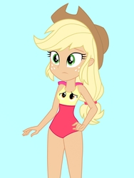 Size: 1536x2048 | Tagged: safe, artist:draymanor57, derpibooru exclusive, apple bloom, applejack, human, equestria girls, g4, blue background, clothes, clothing transformation, female, inanimate tf, one-piece swimsuit, simple background, swimsuit, transformation