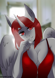 Size: 1500x2100 | Tagged: safe, artist:serodart, oc, oc only, alicorn, earth pony, pegasus, unicorn, anthro, absolute cleavage, breasts, cleavage, commission, female, looking at you, solo, ych example, your character here