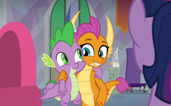 Size: 1280x792 | Tagged: safe, screencap, smolder, spike, alicorn, dragon, pony, g4, sweet and smoky, buddies, claws, cute, daaaaaaaaaaaw, dragoness, duo focus, faceless female, fangs, female, folded wings, friends, looking at each other, male, mare, raised tail, school of friendship, slit pupils, smiling, smolderbetes, spikabetes, spread wings, tail, winged spike, wings