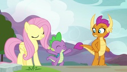 Size: 1920x1080 | Tagged: safe, screencap, fluttershy, smolder, spike, dragon, g4, my little pony: friendship is magic, sweet and smoky, eyes closed, winged spike, wings