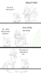 Size: 2480x4508 | Tagged: safe, artist:noidavaliable, fluttershy, princess ember, thorax, changedling, changeling, g4, sweet and smoky, comic, egg, female, implied embrax, king thorax, male, monochrome, parody, scene parody, ship:embrax, shipping, straight