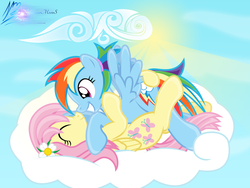 Size: 8000x6000 | Tagged: safe, artist:nightmaremoons, fluttershy, rainbow dash, pony, g4, alternate hairstyle, boop, cloud, cloudy, female, flower, flower in hair, lesbian, noseboop, palindrome get, ship:flutterdash, shipping, show accurate, snuggling