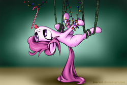 Size: 2160x1440 | Tagged: safe, artist:zoarvek, oc, oc only, oc:velvet step, pony, candy, candy cane, christmas, christmas lights, food, garland, hair bun, hanging, holiday, lights, reaching, solo, stuck, tangled up, tinsel, tongue out, trapped, upside down