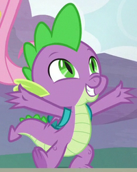 Size: 281x351 | Tagged: safe, screencap, fluttershy, spike, dragon, g4, sweet and smoky, backpack, cropped, cute, looking up, male, offscreen character, smiling, solo focus, spikabetes, sweet dreams fuel, underfoot, winged spike, wings