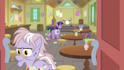 Size: 1920x1080 | Tagged: safe, screencap, dusty pages, spike, twilight sparkle, alicorn, dragon, pony, g4, the point of no return, barrel, double bass, drums, letter, microphone, musical instrument, saddle bag, table, twilight sparkle (alicorn), winged spike, wings