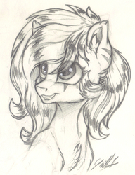 Size: 1028x1337 | Tagged: safe, artist:gaelledragons, oc, oc only, pony, bust, chest fluff, female, grin, mare, monochrome, portrait, smiling, solo, traditional art