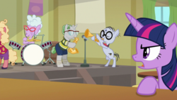 Size: 1920x1080 | Tagged: safe, screencap, chelsea porcelain, mr. waddle, twilight sparkle, alicorn, pony, g4, the point of no return, drums, microphone, musical instrument, saxophone, twilight sparkle (alicorn)