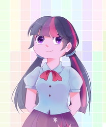 Size: 1000x1200 | Tagged: safe, artist:whiskyice, twilight sparkle, equestria girls, g4, alternate hairstyle, clothes, cute, female, pigtails, smiling, solo, twiabetes, twintails