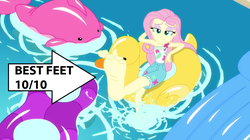 Size: 1280x718 | Tagged: safe, edit, edited screencap, screencap, fluttershy, equestria girls, g4, i'm on a yacht, my little pony equestria girls: better together, barefoot, feet, flutterfeet, foot focus, wiggling toes